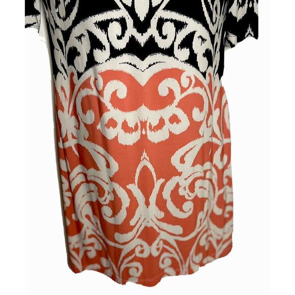 Eliza J Womens 4 Stretch Knit Sheath Dress Color Block Damask Print Black Coral - Picture 3 of 10